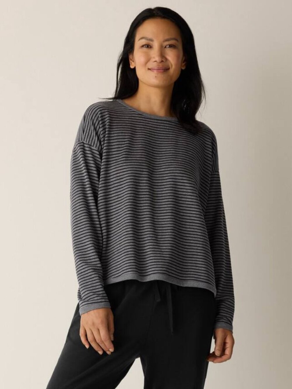 NWT Eileen Fisher Striped Cozy Brushed Terry Box Top Gray Black Size L